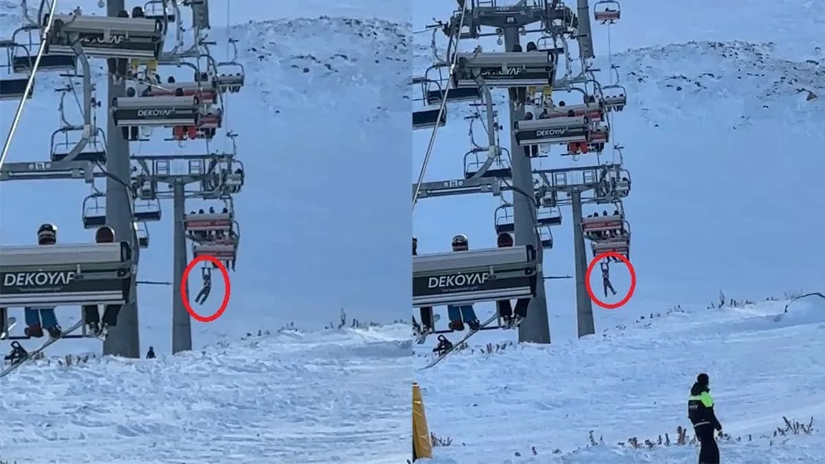 Düşen snowboardını almak için atlamaya çalıştığı telesiyejde asılı kaldı