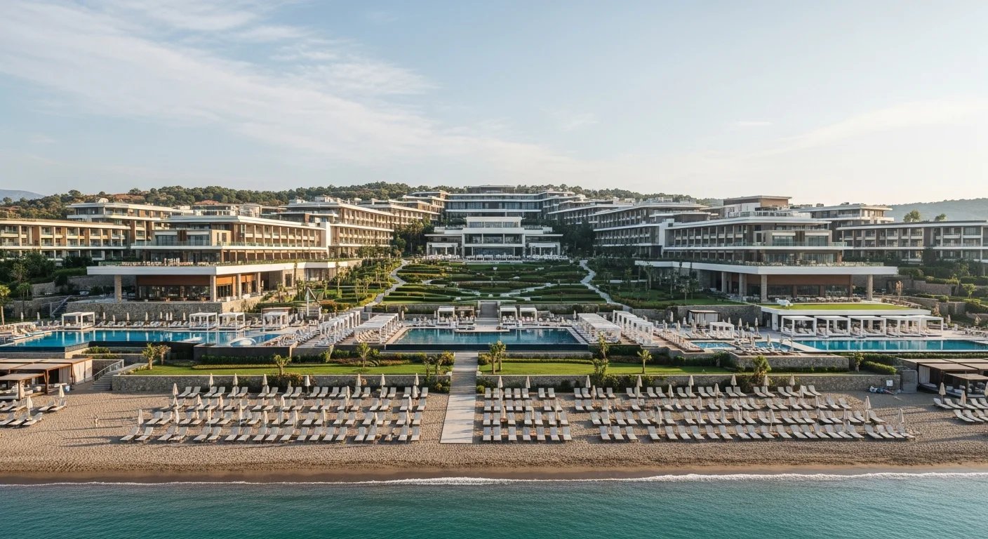 Ege kıyısında, deniz kenarında yer alan büyük ve boş bir lüks otel kompleksinin sabah ışığındaki geniş açılı görünümü.