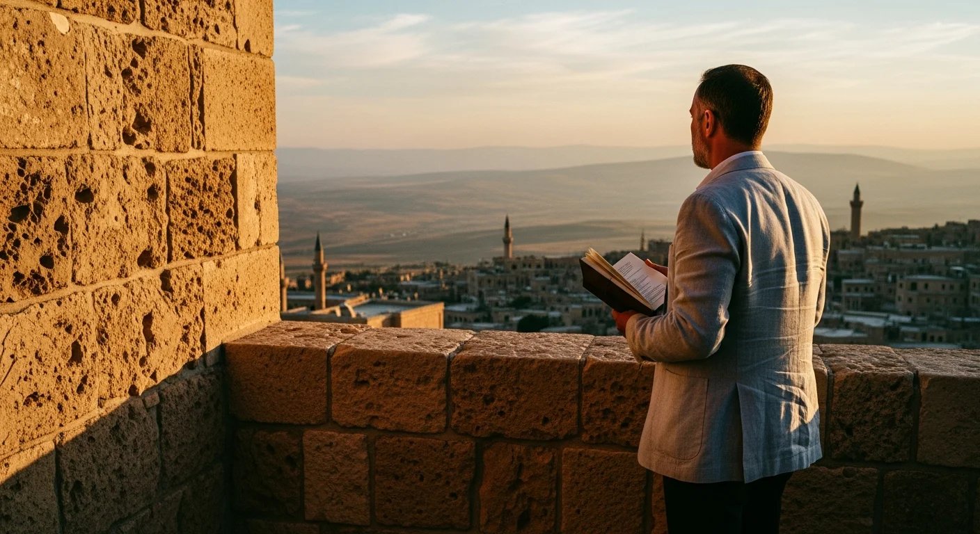 Mardin'de gün batımında tarihi taş terasta durup Mezopotamya ovasına bakan, elinde seyahat günlüğü tutan bir adam.