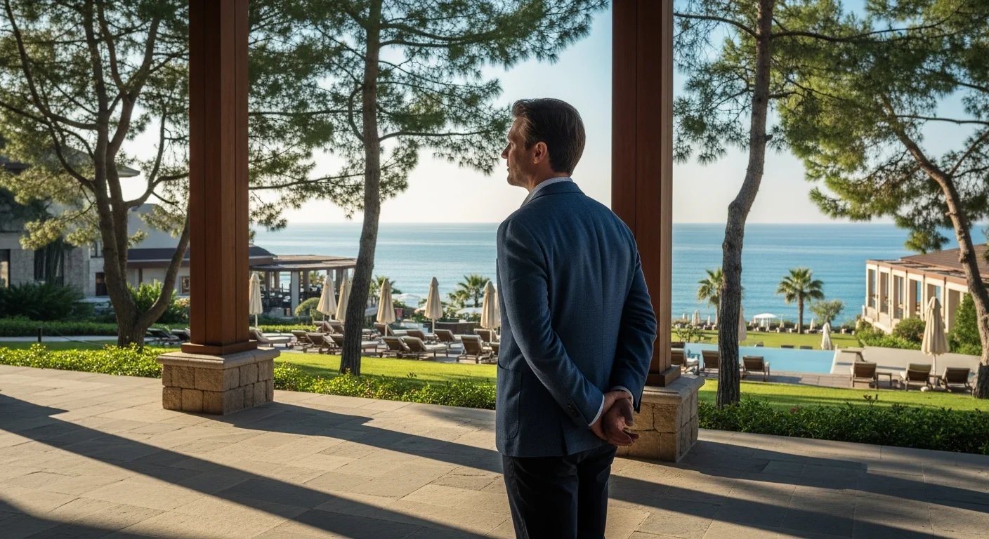 Antalya Kemer'de çam ağaçları ve deniz manzaralı lüks bir otel terasında duran şık giyimli otel yöneticisi.