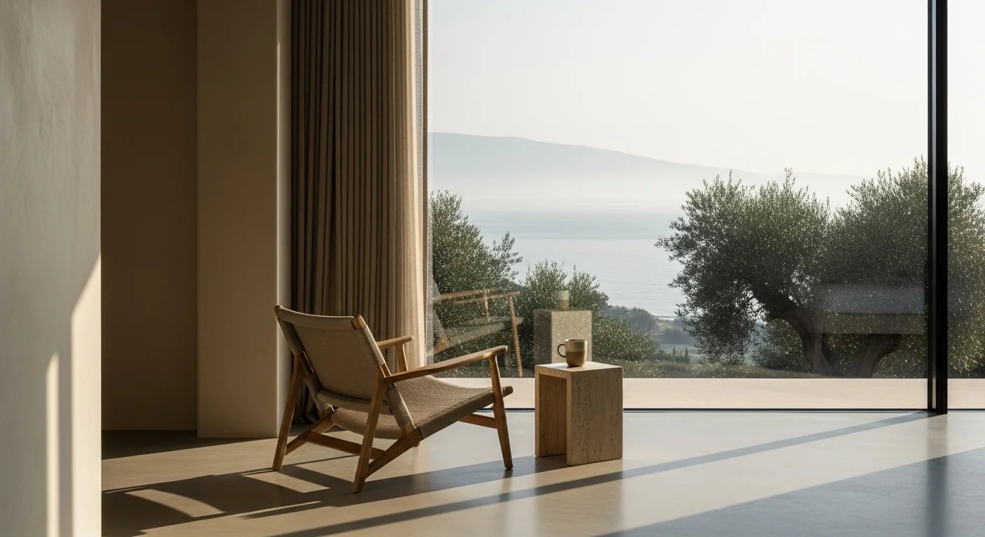 Doğal malzemelerle tasarlanmış, Akdeniz manzaralı minimalist bir otel odasında sabah ışığı ve sessiz lüks detayları.