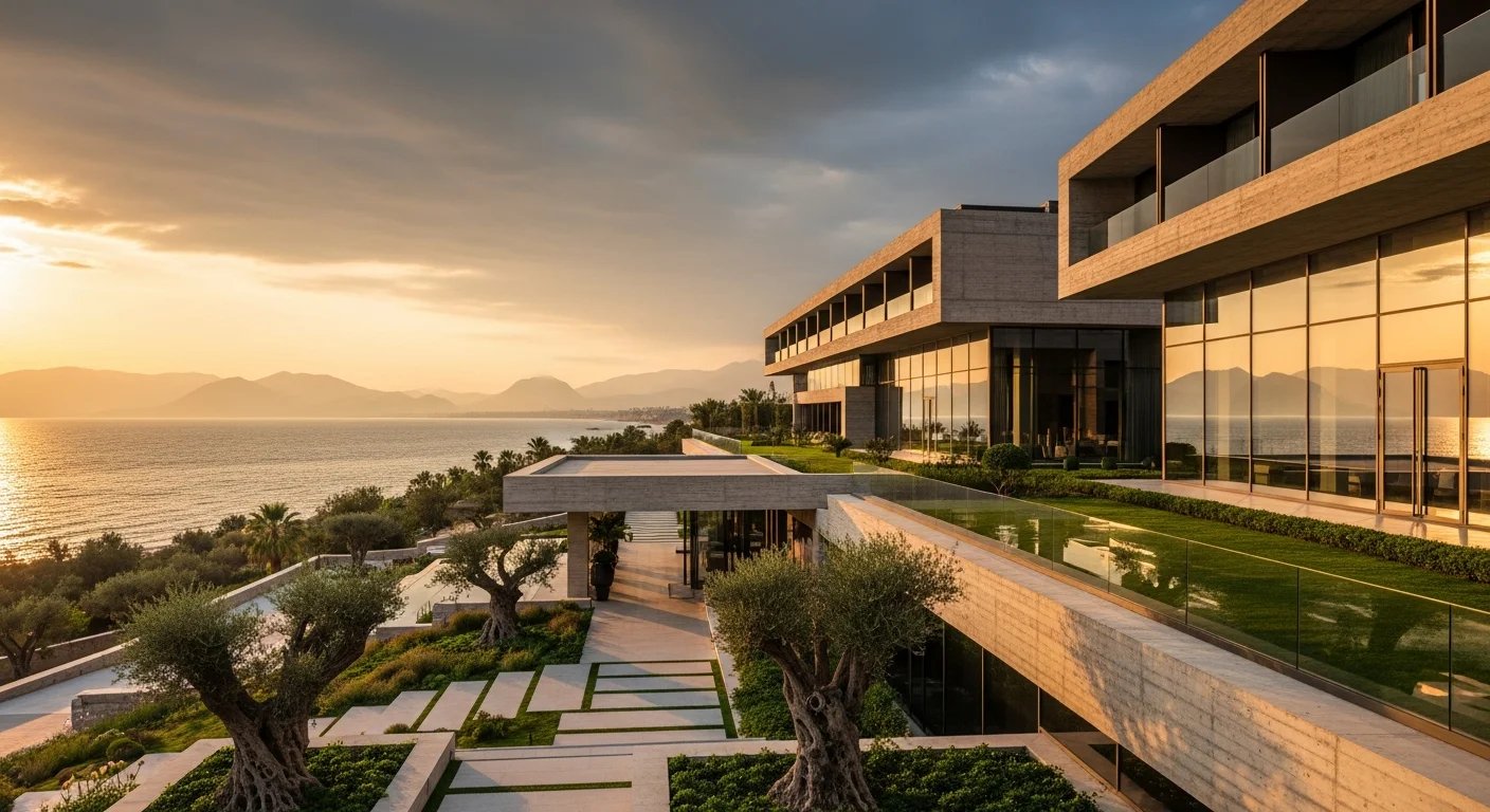 Antalya Konyaaltı sahilinde gün batımı ışığında yükselen, modern ve ödüllü tasarıma sahip lüks otel yapısı.