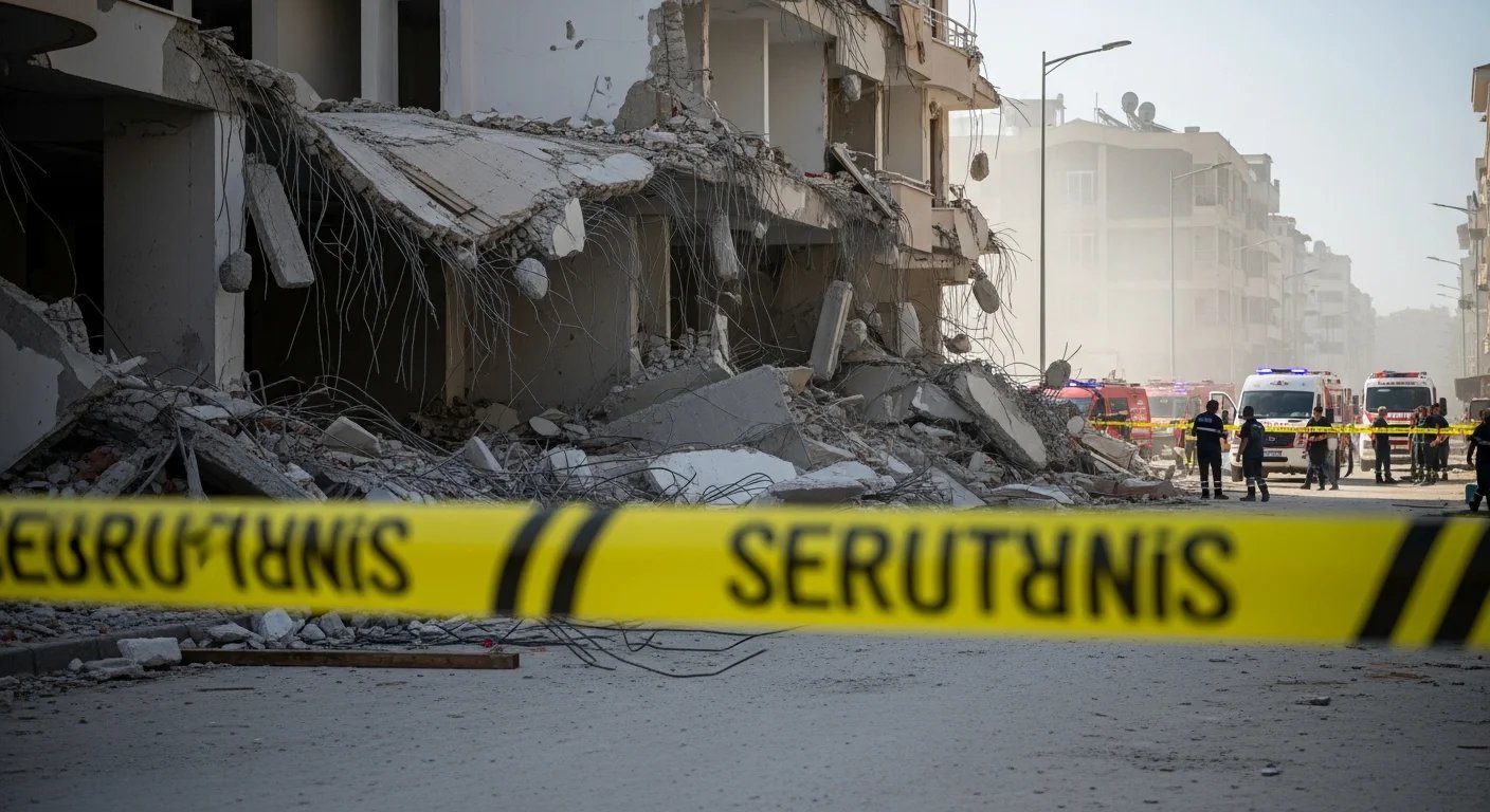 Marmaris'te güçlendirme çalışması sırasında çöken otel binası, önünde güvenlik şeridi ve arama kurtarma ekipleri.