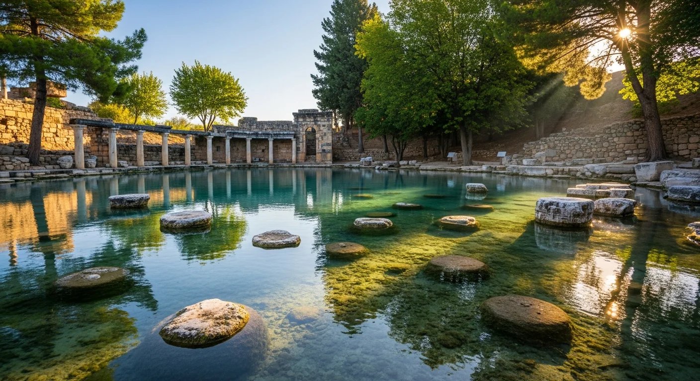 Pamukkale Hierapolis'teki Antik Havuz'un berrak termal suyu ve içindeki tarihi sütunların sakin, boş ve durgun görünümü.