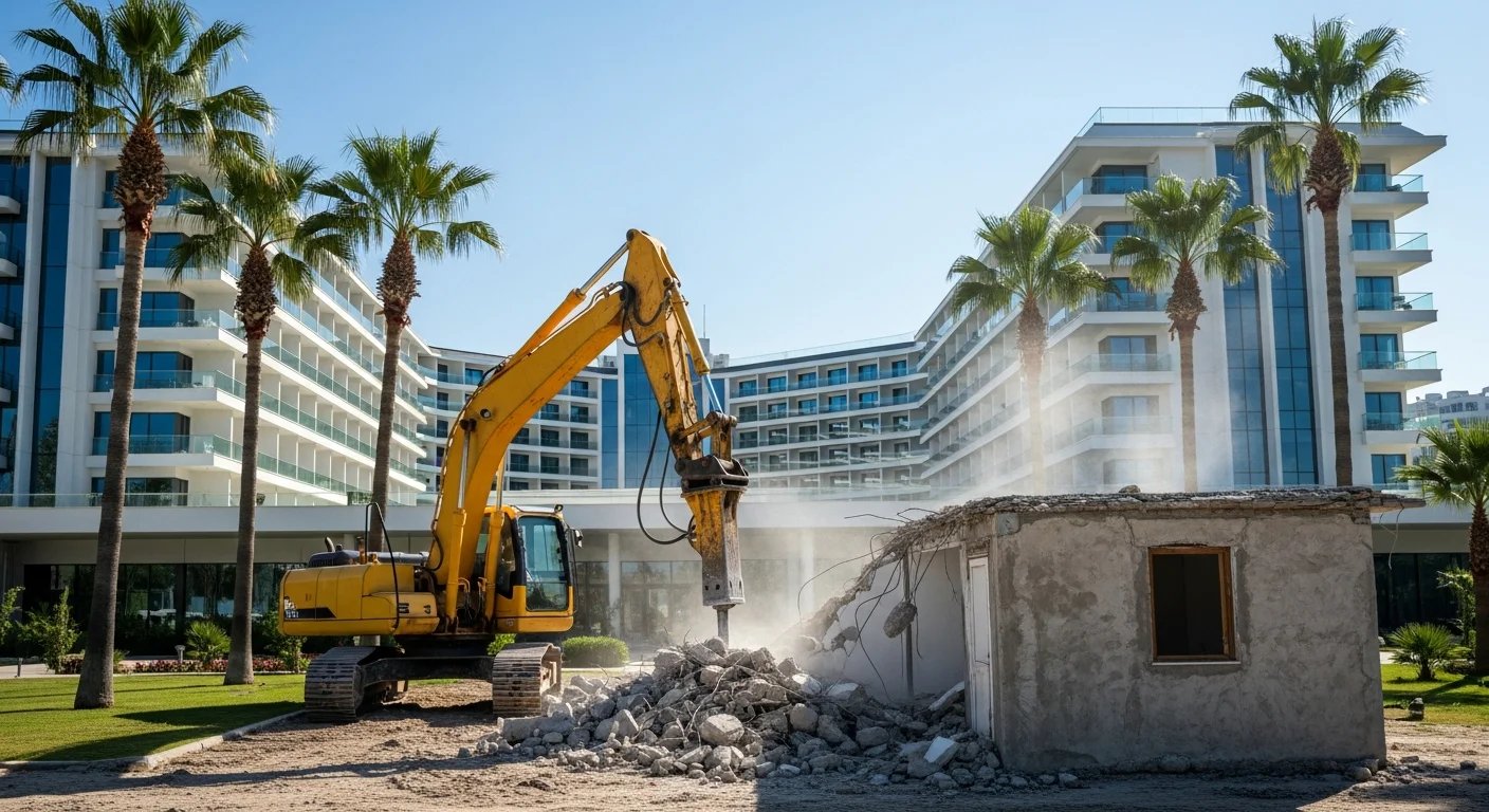 Antalya Kemer'de bir otel binasının yanındaki kaçak yapının iş makinesiyle yıkılması ve çevre detayları.