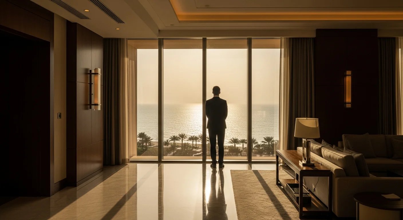 Dubai'deki lüks bir otel süitinde gün batımında pencereden dışarıyı izleyen takım elbiseli otel yöneticisi.