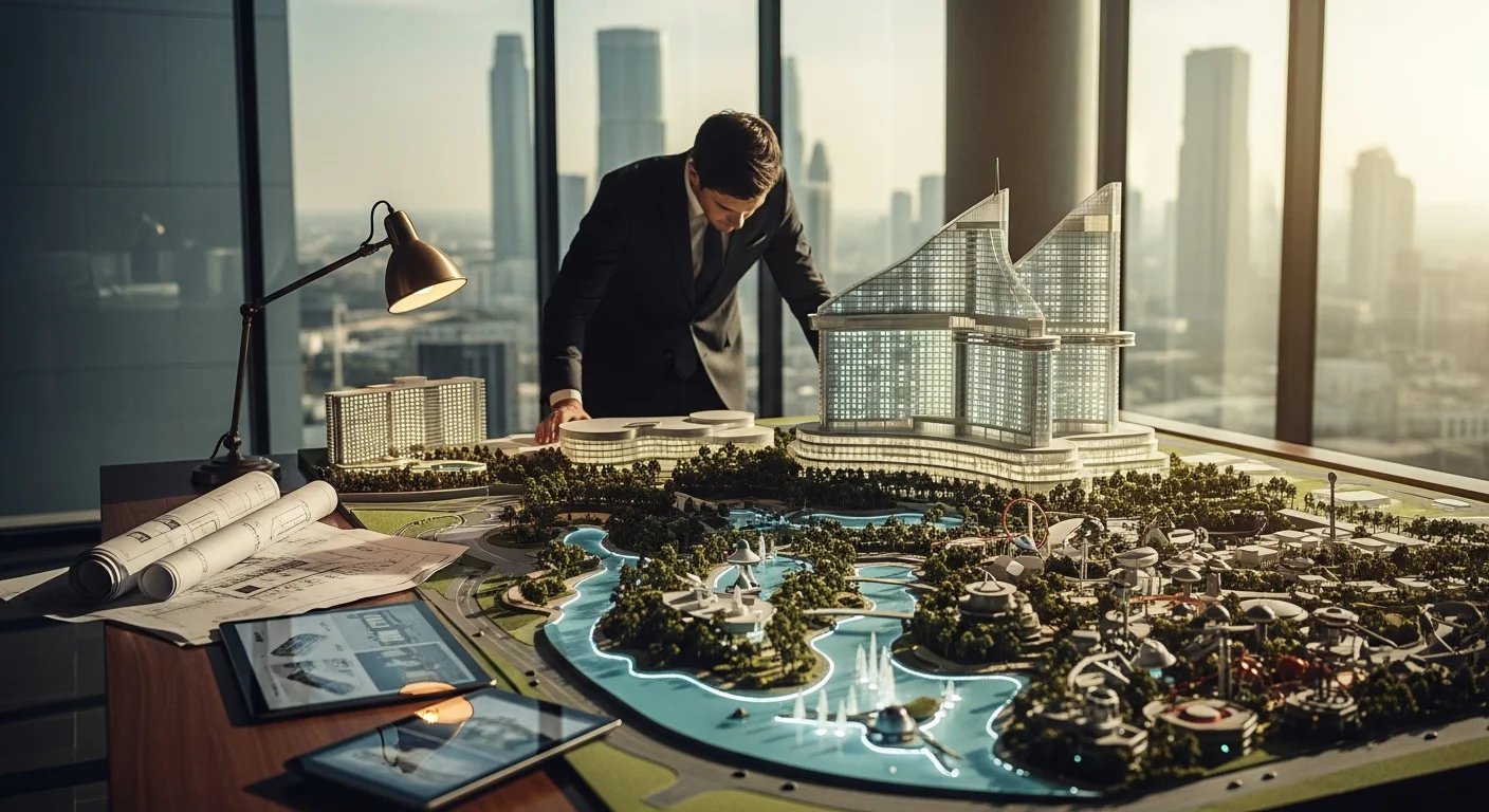 Modern bir tasarım ofisinde devasa lüks otel ve tema parkı maketini inceleyen takım elbiseli bir iş insanı