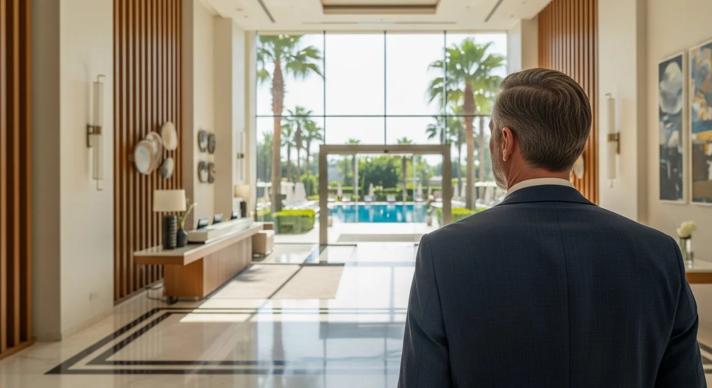 Belek'te lüks bir otelin modern lobisinde bahçeye ve havuza bakan takım elbiseli bir otel yöneticisinin arkadan görünümü.