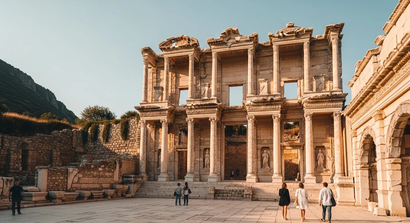 Gün batımı ışığında Efes Antik Kenti Celsus Kütüphanesi önünde yürüyen ve tarihi yapıyı inceleyen ziyaretçiler.