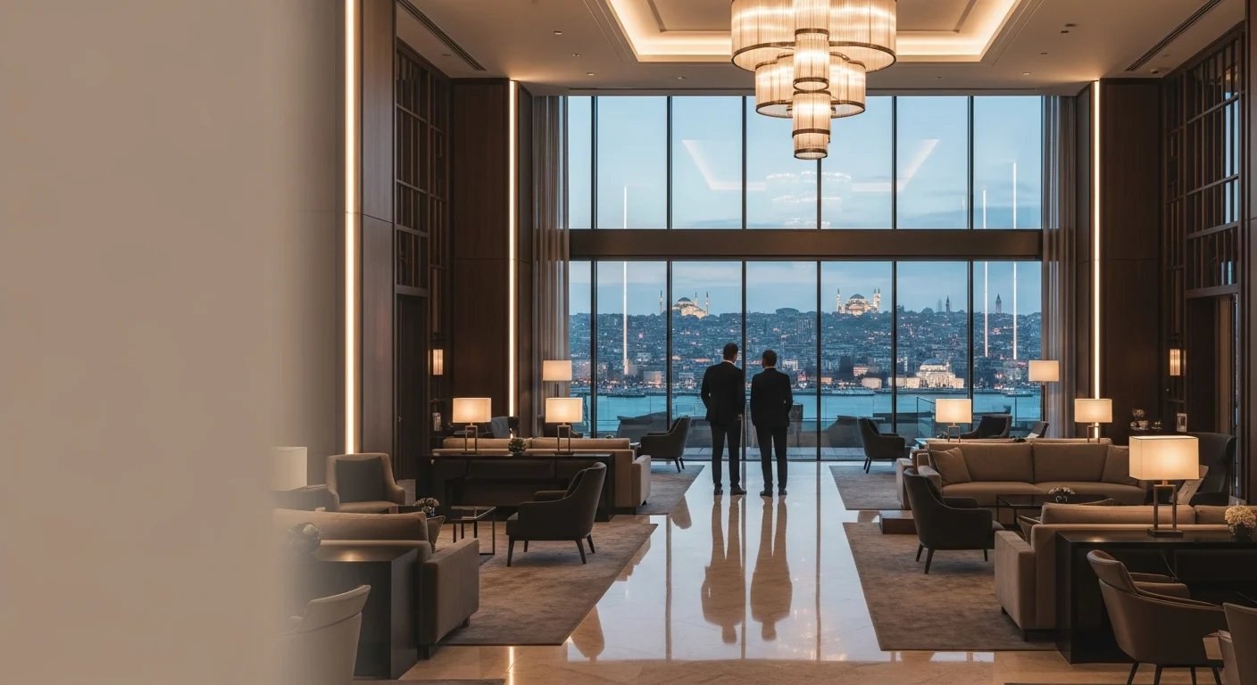 İstanbul'da lüks bir otel lobisinde dev camlardan akşamüstü şehir manzarasını izleyen takım elbiseli iş insanları.