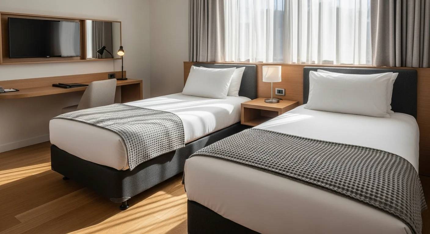 Belek'te dört yıldızlı otel standardında tasarlanmış, modern mobilyalara ve çift yatağa sahip konforlu lojman odası.