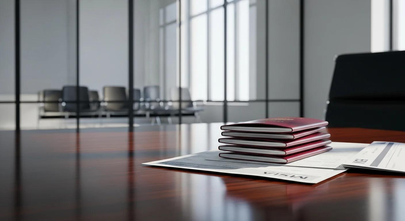 Modern bir vize başvuru merkezinde, masa üzerinde duran pasaportlar ve belgelerle sessiz ve boş bekleme salonu.