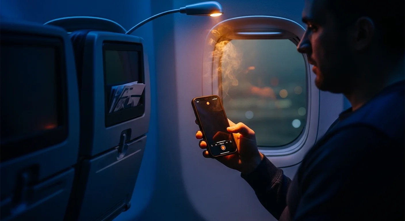 Gece uçuşunda uçak kabininde elinde cep telefonu tutan ve kural ihlali yapan bir yolcunun arkadan görünümü.